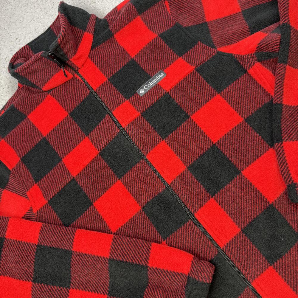 Columbia Fleece Jacket Mens Medium Red Black Buffalo Plaid Full Zip Stand Collar